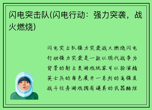 闪电突击队(闪电行动：强力突袭，战火燃烧)